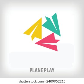Creative Paper airplane and play sign logo. Unique color transitions. Transportation and entertainment media logo template. vector