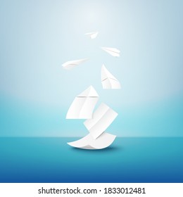 Creative paper artwork with white origami paper airplane.Paper art of Imagination for education, idea and business concept.Vector illustration.