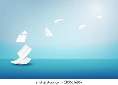 Creative paper artwork with white origami paper airplane.Paper art of Imagination for education, idea and business concept.Vector illustration.