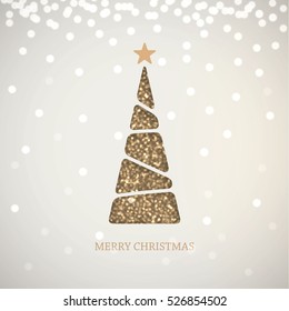 Creative paper Christmas tree, made of gold glitter sparkling particles on light background. Vector magic illustration.