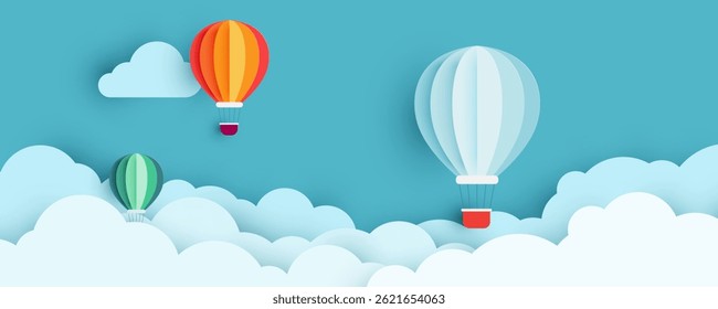 Creative paper cut design featuring colorful hot air balloons floating in the sky with fluffy clouds