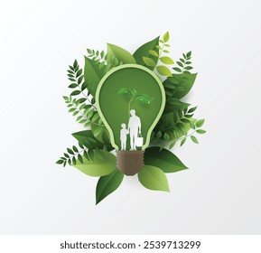 Eine grüne Zukunft mit nachhaltigen Praktiken umsetzen. Diese umweltfreundliche Illustration betont das Umweltbewusstsein und die Verantwortung für die nächste Generation.