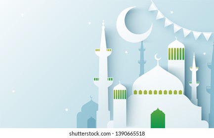 Kreative Papierschnitt-Illustration von Moschee und Mond, Dekoration von Bannern für Ramadan Kareem Poster oder Bannerdesign.