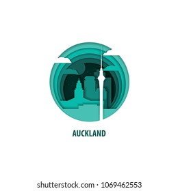Creative paper cut layer craft Auckland vector illustration. Origami style city skyline travel art in depth illusion