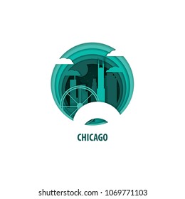 Creative paper cut layer craft Chicago vector illustration. Origami style city skyline travel art in depth illusion