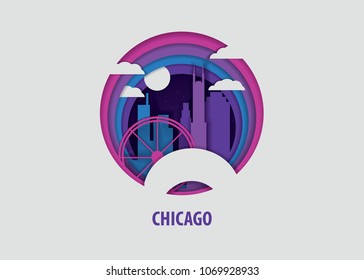 Creative paper cut layer craft Chicago vector illustration. Origami style city skyline travel art in depth illusion