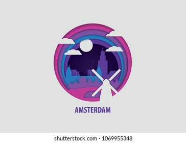 Creative paper cut layer craft Amsterdam vector illustration. Origami style city skyline travel art in depth illusion