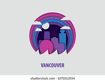 Creative paper cut layer craft Vancouver vector illustration. Origami style city skyline travel art in depth illusion