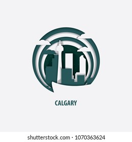 Creative paper cut layer craft Calgary vector illustration. Origami style city skyline travel art in depth illusion