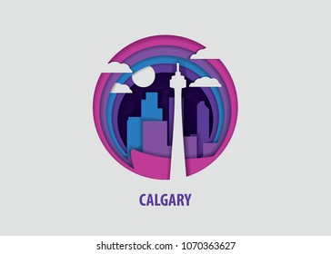 Creative paper cut layer craft Calgary vector illustration. Origami style city skyline travel art in depth illusion