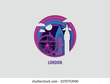 Creative paper cut layer craft London vector illustration. Origami style city skyline travel art in depth illusion