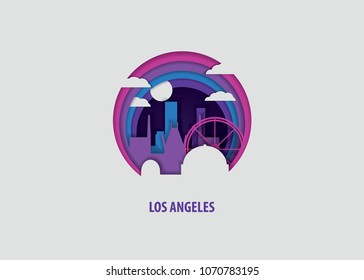 Creative paper cut layer craft Los Angeles vector illustration. Origami style city skyline travel art in depth illusion