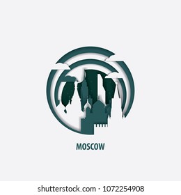 Creative paper cut layer craft Moscow vector illustration. Origami style city skyline travel art in depth illusion