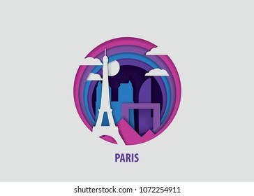 Creative Paper Cut Layer Craft Paris Vector Illustration. Origami Style City Skyline Travel Art In Depth Illusion