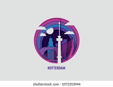 Creative paper cut layer craft Rotterdam vector illustration. Origami style city skyline travel art in depth illusion