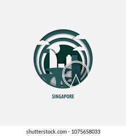 Creative paper cut layer craft Singapore vector illustration. Origami style city skyline travel art in depth illusion