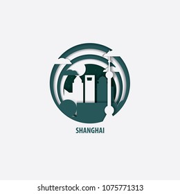 Creative paper cut layer craft Shanghai vector illustration. Origami style city skyline travel art in depth illusion