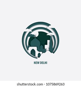 Creative paper cut layer craft New Delhi vector illustration. Origami style city skyline travel art in depth illusion