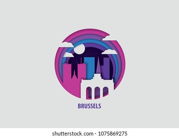 Creative paper cut layer craft Brussels vector illustration. Origami style city skyline travel art in depth illusion