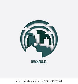 Creative paper cut layer craft Bucharest vector illustration. Origami style city skyline travel art in depth illusion