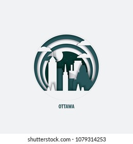 Creative paper cut layer craft Ottawa vector illustration. Origami style city skyline travel art in depth illusion