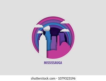 Creative paper cut layer craft Mississauga vector illustration. Origami style city skyline travel art in depth illusion