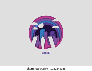 Creative paper cut layer craft Madrid vector illustration. Origami style city skyline travel art in depth illusion