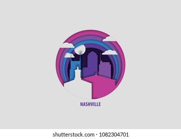 Creative paper cut layer craft Nashville vector illustration. Origami style city skyline travel art in depth illusion