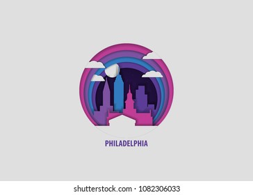 Creative paper cut layer craft Philadelphia vector illustration. Origami style city skyline travel art in depth illusion