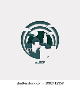 Creative paper cut layer craft Valencia vector illustration. Origami style city skyline travel art in depth illusion