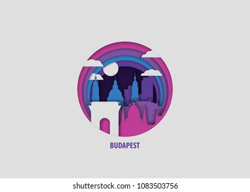 Creative paper cut layer craft Budapest vector illustration. Origami style city skyline travel art in depth illusion