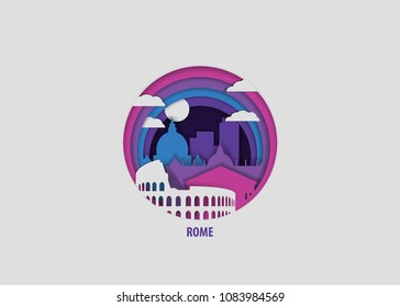 Creative paper cut layer craft Rome vector illustration. Origami style city skyline travel art in depth illusion