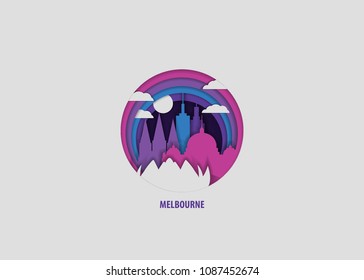 Creative paper cut layer craft Melbourne vector illustration. Origami style city skyline travel art in depth illusion