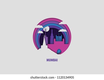 Creative paper cut layer craft Mumbai vector illustration. Origami style city skyline travel art in depth illusion