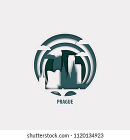 Creative paper cut layer craft Prague vector illustration. Origami style city skyline travel art in depth illusion