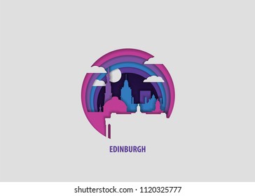Creative paper cut layer craft Edinburgh vector illustration. Origami style city skyline travel art in depth illusion