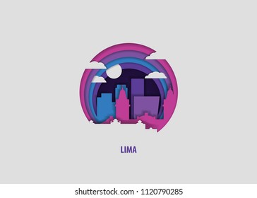 Creative paper cut layer craft Lima vector illustration. Origami style city skyline travel art in depth illusion