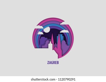 Creative paper cut layer craft Zagreb vector illustration. Origami style city skyline travel art in depth illusion