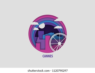 Creative paper cut layer craft Cannes vector illustration. Origami style city skyline travel art in depth illusion