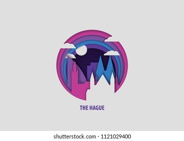 Creative paper cut layer craft The Hague vector illustration. Origami style city skyline travel art in depth illusion