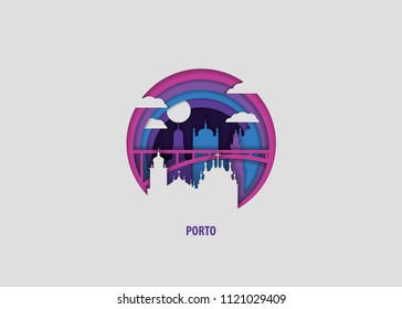 Creative paper cut layer craft Porto vector illustration. Origami style city skyline travel art in depth illusion
