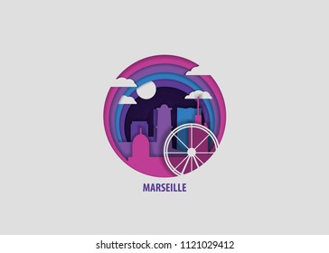 Creative paper cut layer craft Marseille vector illustration. Origami style city skyline travel art in depth illusion