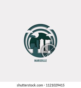 Creative paper cut layer craft Marseille vector illustration. Origami style city skyline travel art in depth illusion