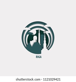 Creative paper cut layer craft Riga vector illustration. Origami style city skyline travel art in depth illusion