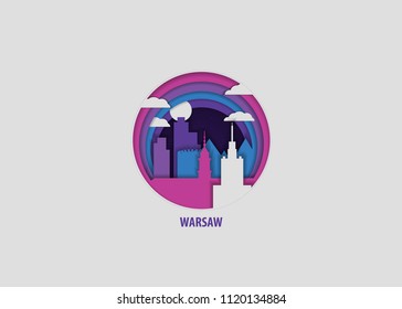 Creative paper cut layer Warsaw craft vector illustration. Origami style city skyline travel art in depth illusion