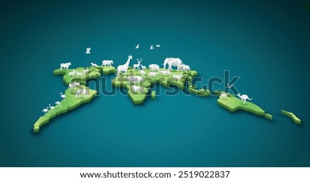 Creative paper cut map with animals on each continent, symbolizing biodiversity and wildlife conservation. Perfect for World Animal Day designs.