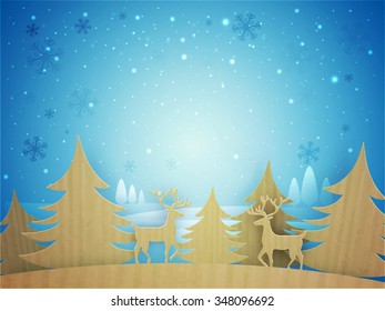 Papel creativo recortado de árboles de Navidad y renos en hermosos copos de nieve con fondo decorado para la celebración de Feliz Navidad.