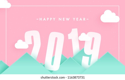 Creative paper cut style 2019 text pink cloudy mountain background for New Year celebration poster banner design.