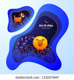 Creative paper cut style greeting card design with illustration of leaves, goat and sheep animal for Eid Al Adha Mubarak Festival.