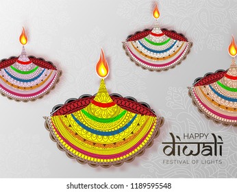 Creative paper cut style, illuminated oil lamps on gray background for Diwali Festival celebration. Can be used as greeting card design.